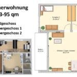 Der Grundriss einer Dreizimmerwohnung mit 93 qm bzw 95 qm in der Seniorenwohnanlage Dornröschen